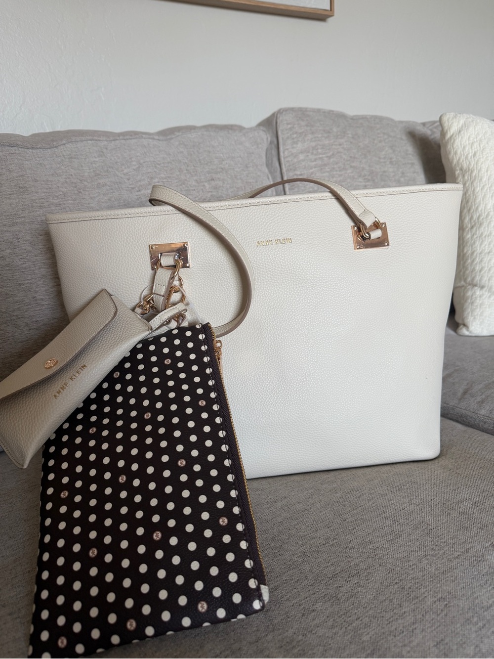 Anne Klein Cream Tote with Polka Dot Wristlet and Card Case